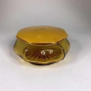 Vintage Celluloid Amber Glass Powder Box Jar Bakelite Art Deco Antique